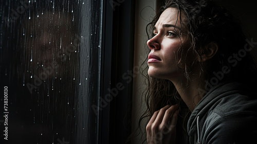 Grief-stricken Woman Gazing Out a Rain-Streaked Window, Lost in Thought