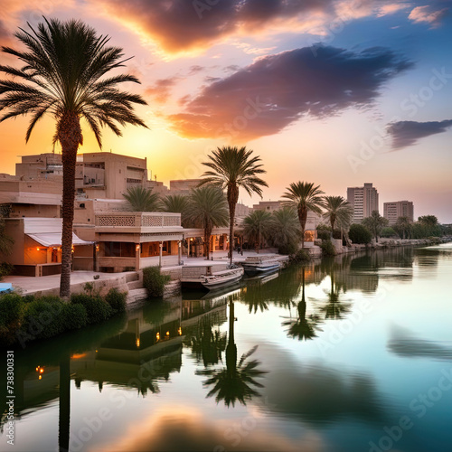 Baghdad  Tigris River  houses and palm trees