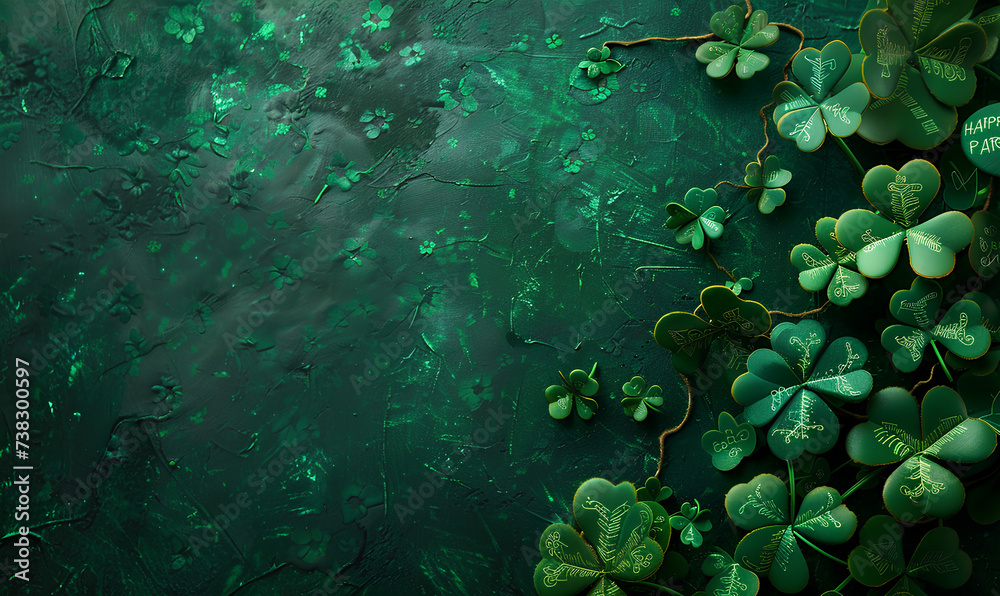Fototapeta premium Clover leaves on green background. Irish holiday and catholic religion concept. For st Patrick's day celebration. Flat lay illustration for wallpaper, poster, banner, flyer, card with copy space
