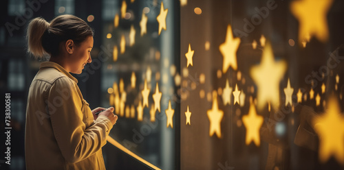 A beautiful girl pressing the glowing star rating on a visual screen, smiling girl touches the digital hologram screen to rate her customer experience, Virtual testimonial banner, star rating feedback