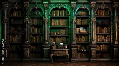 The background of the bookcases is in Green color