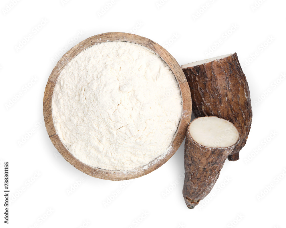 Bowl with cassava flour and cut root isolated on white, top view Bowl with cassava flour and cut root isolated on white, top view