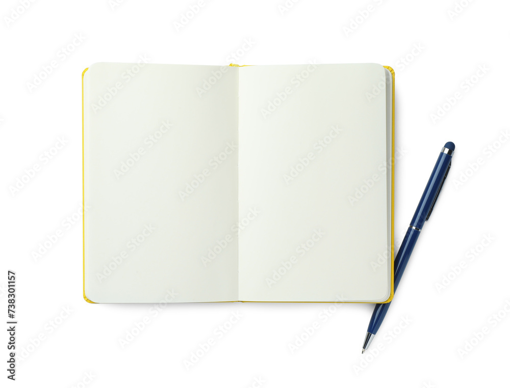 Open notebook with blank pages and pen isolated on white, top view Open notebook with blank pages and pen isolated on white, top view