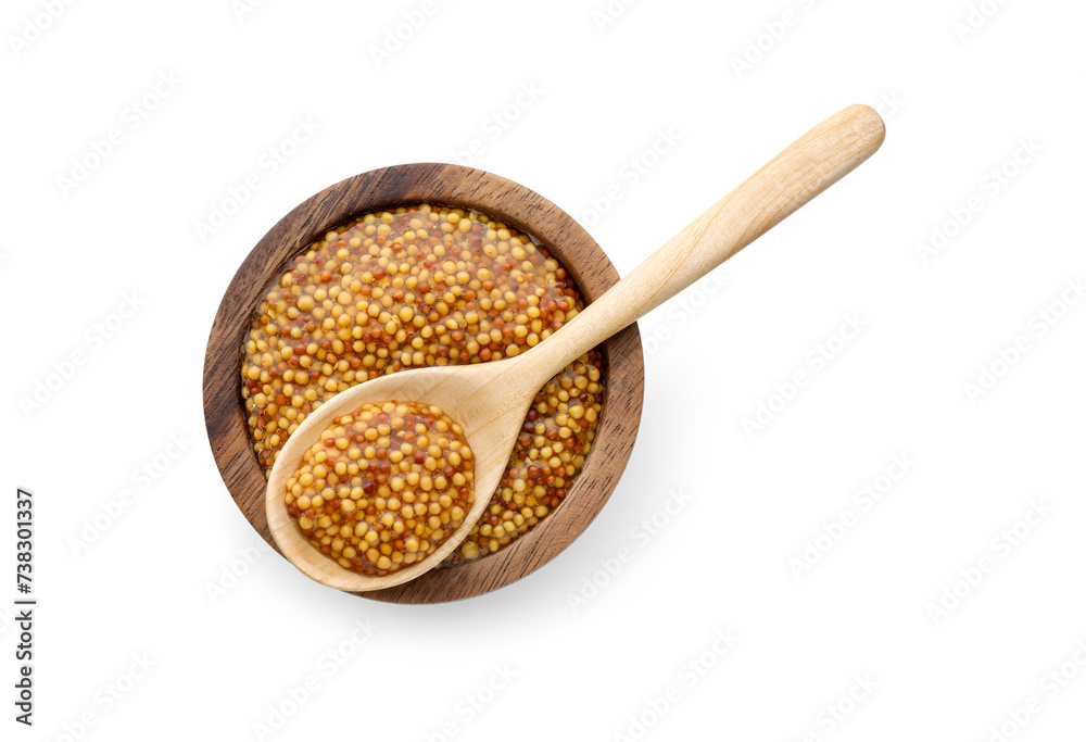 Fresh whole grain mustard in bowl and spoon isolated on white, top view Fresh whole grain mustard in bowl and spoon isolated on white, top view