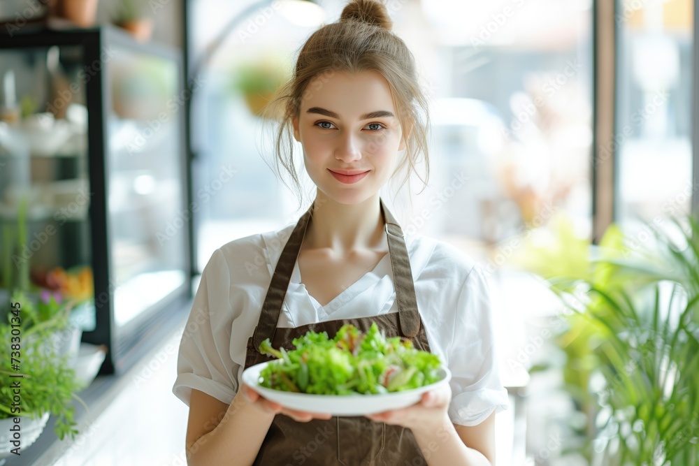 Beautiful woman waitress in apron and holding plate with fresh salad in cafe Beautiful woman waitress in apron and holding plate with fresh salad in cafe