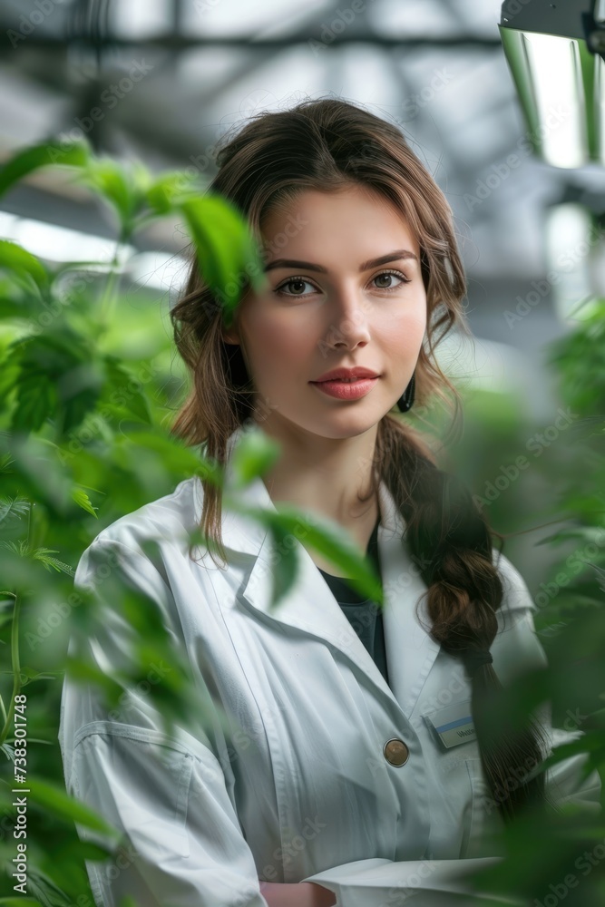 Young female scientist in a lab coat, researching innovative methods for sustainable agriculture Young female scientist in a lab coat, researching innovative methods for sustainable agriculture