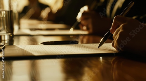 A person pens their signature onto a document at a restaurant table, surrounded by gleaming tableware and drinkware, symbolizing the official start of a new chapter in their indoor kitchen utensil bu