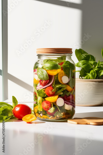 Nutritious Meals backdrop, vegetables. Salad in jar background. Veganism, vegetarianism. Healthy Eating.