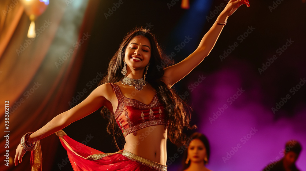 Fototapeta premium A South Asian woman with long brown hair, in a vibrant red sari, joyfully dances on stage