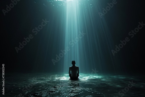 A dramatic visual of a man alone in darkness, his focus on a distant speck of light, symbolizing a sliver of hope amidst despair and depression, with the stark contrast amplifying the scene's emotiona photo