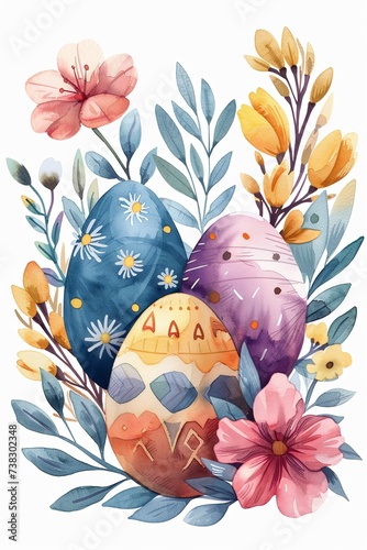 a charming watercolor illustration, a combination of flowers and Easter eggs