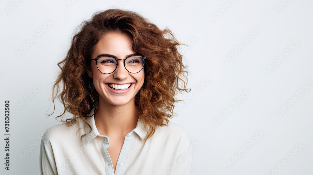 Happy satisfied woman wearing glasses portrait on white background Happy satisfied woman wearing glasses portrait on white background