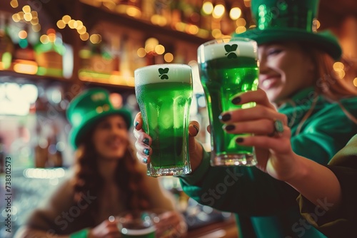 St. Patrick's Day. Young friends in green leprechaun elf costumes and having fun in bar