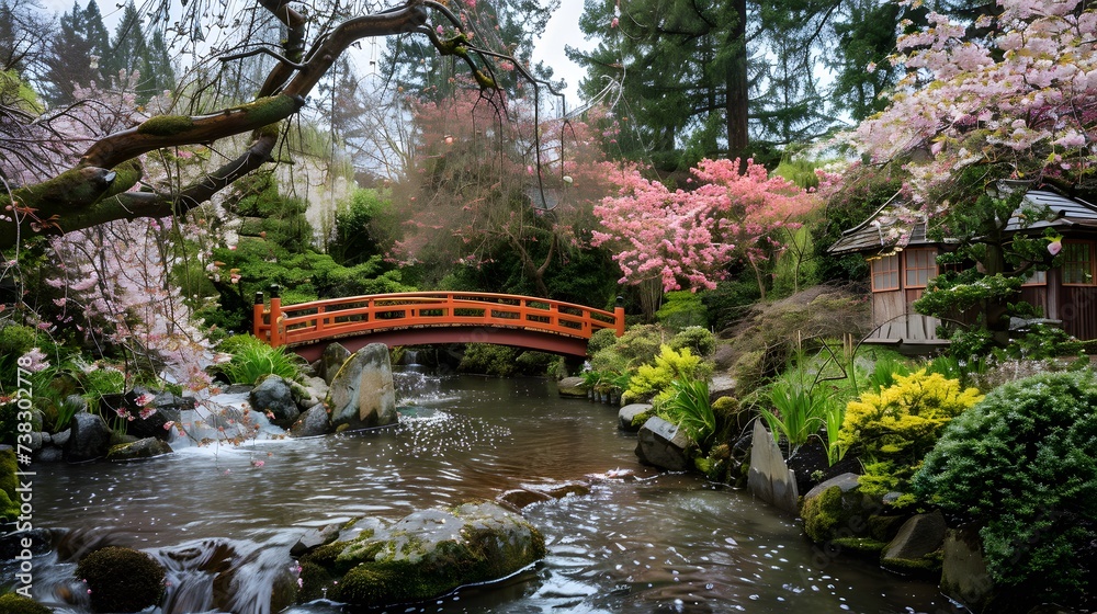 a tranquil Japanese garden adorned with cherry blossoms, trickling streams, and intricately designed bridges, providing a peaceful retreat from the bustling cityscape.
