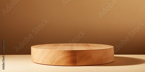 Front view of a round wooden podium against a bright brown background with natural sun shadows, suitable for displaying food, products, or cosmetics.