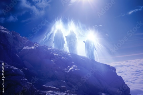 A luminous depiction of the Transfiguration of Jesus on the mountaintop, with Moses and Elijah appearing beside him, radiating divine presence and prophecy.
