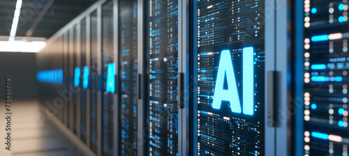 Futuristic AI Hub, Silver & Azure Server Room photo