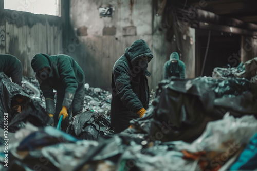 A ragtag group of individuals huddle amongst discarded garments, their faces a mix of despair and determination as they sift through the remnants of a broken society photo