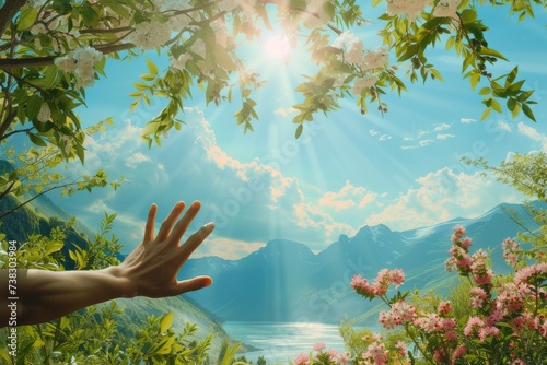 A picturesque scene of the creation of Adam in the Garden of Eden, with God's hand reaching out to give life, surrounded by the untouched beauty of paradise. photo