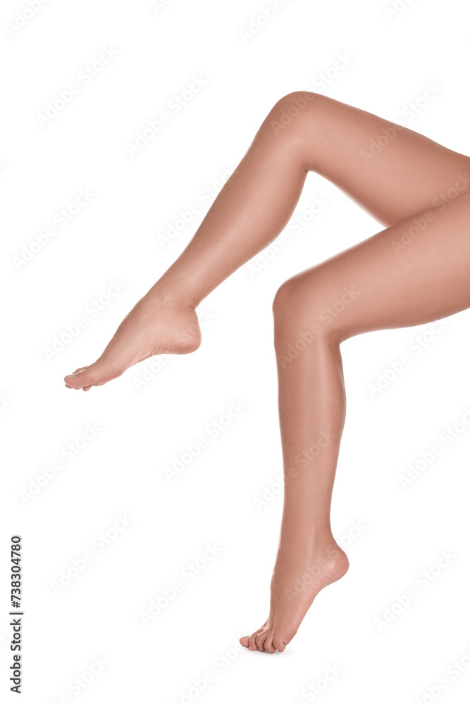 Woman with beautiful legs on white background, closeup