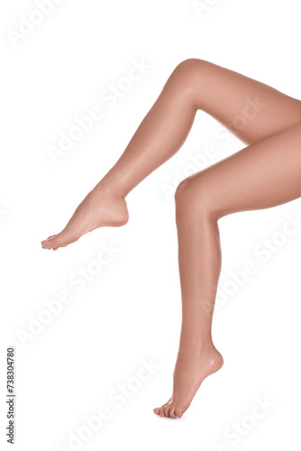 Woman with beautiful legs on white background  closeup