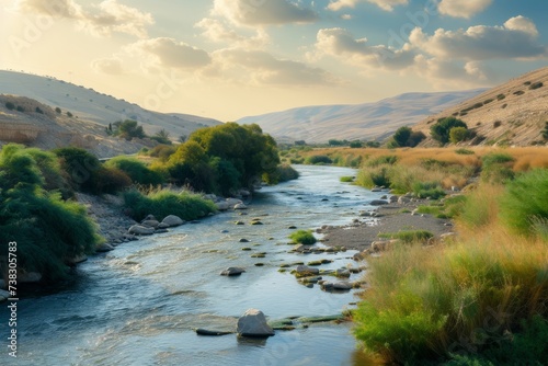 A serene landscape with the Jordan River flowing gently, symbolizing baptism and spiritual rebirth in biblical stories. photo