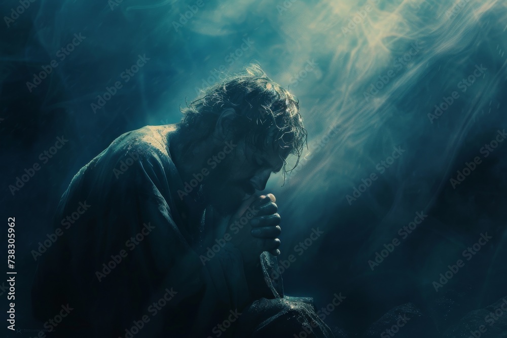 A solemn image of Jonah praying inside the whale, a dim light illuminating his face, reflecting introspection and repentance. - obrazy, fototapety, plakaty 