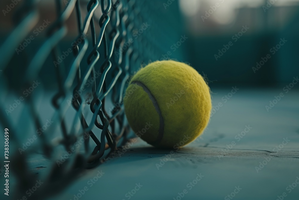 A tennis ball at the edge of the court with a blurred fence in the background, emphasizing space for text.