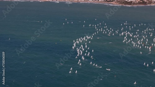 Aerial view of sailors at the ILCA Laser Radial Youth World Championships in Marina di Ragusa, Italy photo