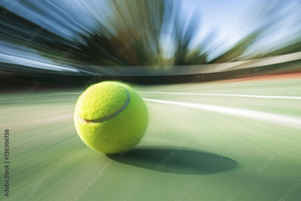 A tennis ball in motion, captured with a slow shutter speed to show motion blur on the court.