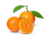 Fresh ripe tangerines and green leaves isolated on white. Citrus fruit