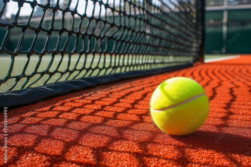 A tennis ball on a hard court with a net in the background, showcasing the texture and lines of the court.