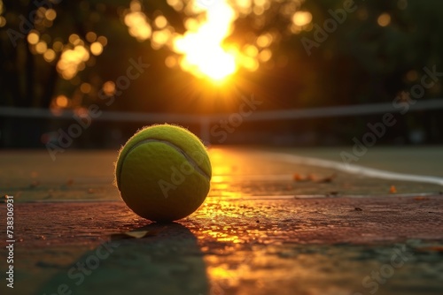A tennis ball on a court with the sun setting in the background, creating a dramatic lighting effect. © furyon