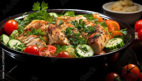 Grilled chicken fillet with fresh salad, healthy and delicious generated by AI