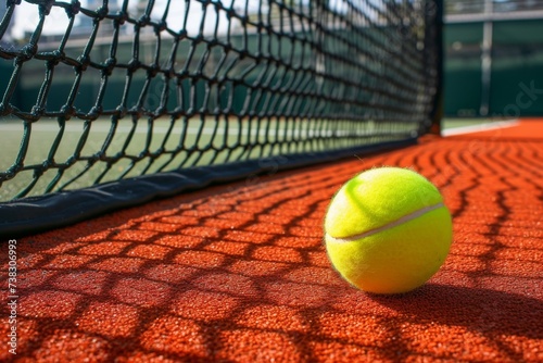 A tennis ball on a hard court with a net in the background, showcasing the texture and lines of the court. © furyon