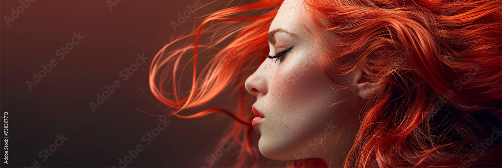 Beautiful background with red hair, copy space .Artistic rendition of a woman with fiery red hair flowing in a windblown style.