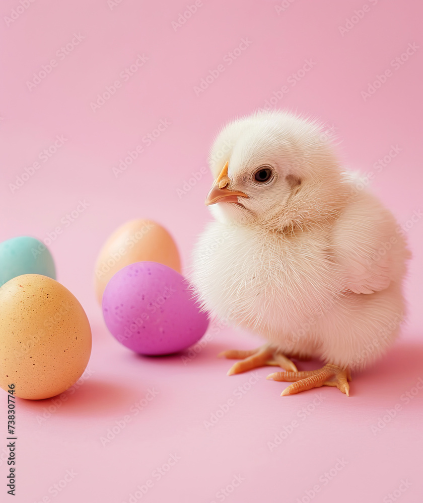 Creative Easter, animal concept of painted pastel eggs and a cute little yellow chicken. Pastel pink holiday background.