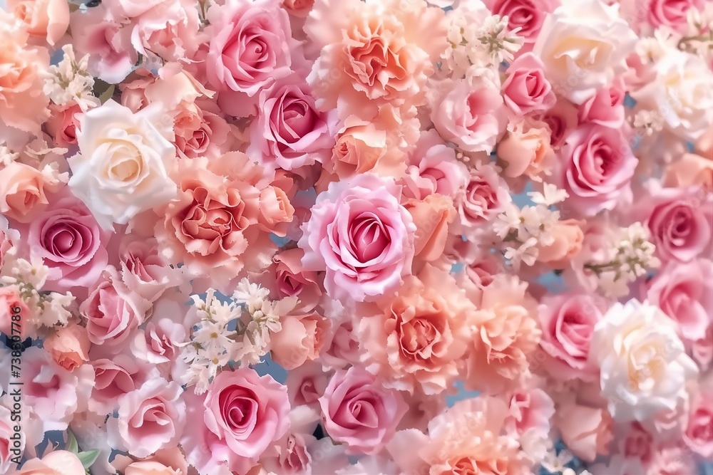 Beautiful summer flowers as background. Blossoming delicate roses on blooming flowers festive background, pastel and soft bouquet floral card. generative ai. Beautiful summer flowers as background. Blossoming delicate roses on blooming flowers festive background, pastel and soft bouquet floral card. generative ai.