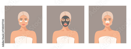 Set of beautiful young girl with a white towel taking care of her facial skin. Basic skin care for women. Facial cleansing, nose strip, eye patches, black blackhead mask. Vector flat  illustration.