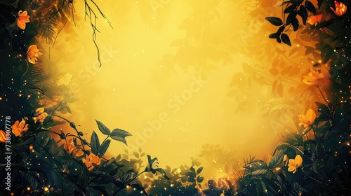 Mystic Fantasy: Yellow Background with Dark Leaves, Roots, Trees, and Lians at the Borders, Colourful Flowers, and Bright Light in the Middle photo