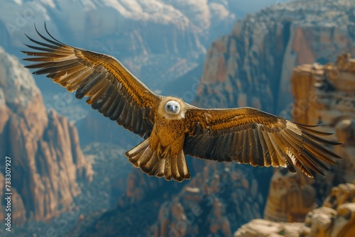 A majestic falcon soars through the rugged mountain landscape, its powerful wings spread wide as it surveys the vast canyon below, embodying the untamed spirit of the wild