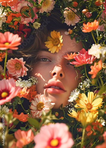 Floral moody  vintage concept of fresh flowers on the face and body of a young beautiful attractive woman. Abstract romantic Spring portrait.