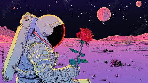 Sentimental Space Journey: Astronaut Picking Up a Rose in a Desert with Planets and Stars in Background photo