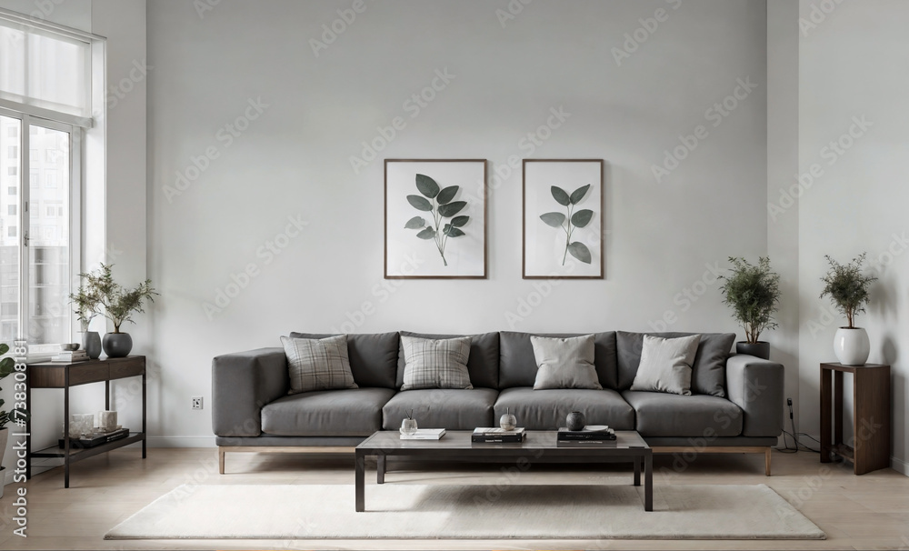 Interior of a white modern cozy living room with indoor plants. Living room with sofa, coffee table and interior items Interior of a white modern cozy living room with indoor plants. Living room with sofa, coffee table and interior items