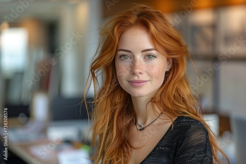 A radiant woman with fiery red locks and delicate freckles exudes confidence and beauty in her layered hair, captivating smile, and elegant clothing, as she poses for a stunning portrait photography 