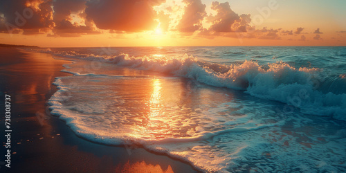 Beautiful sunset over the sea. Sunset beach with crashing waves. Reflections shimmering on the water.