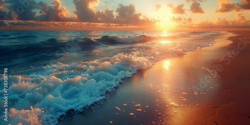 Beautiful sunset over the sea. Sunset beach with crashing waves. Reflections shimmering on the water.
