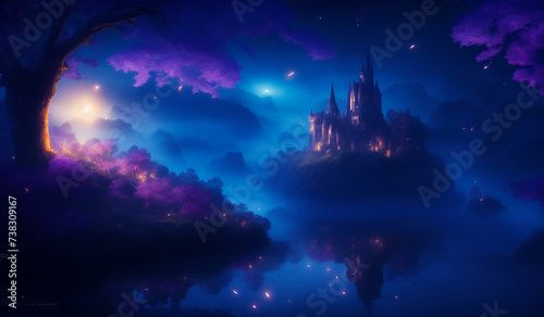 fantasy landscape with castle and moonlight, forest in the dark night, waterfall and lake, quiet paradise, fantastic mystery, wallpaper for Cell Phone, Smartphone, Computer and Wall Art for Home Decor
