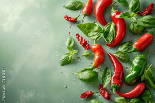 Savor the fiery flavor  vibrant red chili peppers stand out against a backdrop of green  promising a burst of spice and heat to elevate any dish
