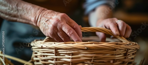 Creating a wicker basket with their hands. photo